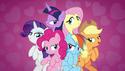 Size: 1920x1090 | Tagged: safe, screencap, applejack, fluttershy, pinkie pie, rainbow dash, rarity, twilight sparkle, alicorn, earth pony, pegasus, pony, unicorn, all bottled up, g4, best friends until the end of time, bipedal, female, heart, mane six, out of context, sexy, twilight sparkle (alicorn)