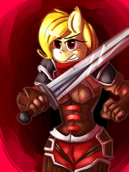 Size: 900x1200 | Tagged: safe, artist:passigcamel, oc, oc only, oc:melisa, anthro, anthro oc, armor, breasts, clothes, female, gloves, gritted teeth, mare, shoulder pads, solo, sword, warrior, weapon