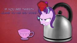 Size: 1920x1080 | Tagged: safe, artist:kuco, starlight glimmer, all bottled up, g4, anger magic, cup, kettle, magic, meme, teapot