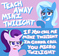 Size: 432x412 | Tagged: safe, artist:threetwotwo32232, starlight glimmer, trixie, pony, unicorn, all bottled up, g4, burn, comeback, comic, dialogue, eyeshadow, female, makeup, mare, mini twilight, open mouth, raised hoof, smiling, text