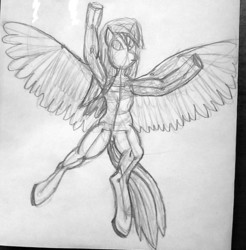 Size: 1552x1578 | Tagged: safe, artist:tour, derpibooru exclusive, oc, oc only, unnamed oc, pegasus, anthro, unguligrade anthro, flying, monochrome, pencil drawing, simple background, solo, spread wings, traditional art, wings