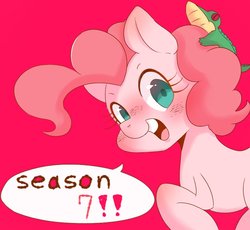 Size: 990x909 | Tagged: safe, artist:koto, gummy, pinkie pie, g4, season 7, blushing, female, red background, simple background, solo