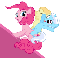 Size: 10000x9536 | Tagged: safe, artist:bronyvectors, bloo, noi, pinkie pie, pony, a friend in deed, g4, absurd resolution, bloodorable, cute, female, filly, noiabetes, ponies riding ponies, riding, simple background, sliding, transparent background, vector