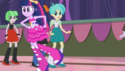 Size: 1024x576 | Tagged: safe, screencap, golden hazel, tennis match, twilight sparkle, watermelody, equestria girls, g4, my little pony equestria girls, big crown thingy, boots, bracelet, crown, fall formal outfits, high heel boots, jewelry, raised leg, regalia, twilight ball dress