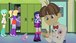 Size: 1366x768 | Tagged: safe, screencap, cloudy kicks, spike, tennis match, twilight sparkle, wiz kid, dog, equestria girls, g4, my little pony equestria girls, badge, bag, book, boots, bowtie, clothes, compression shorts, door, high heel boots, iphone, leg warmers, lockers, mirror, pen, pencil, ponytail, rear view, shoes, shorts, skirt, spike the dog, tennis ball
