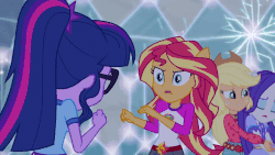 Size: 640x360 | Tagged: safe, screencap, applejack, rarity, sci-twi, sunset shimmer, twilight sparkle, equestria girls, g4, my little pony equestria girls: legend of everfree, animated, female, gif, ponied up
