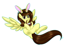 Size: 1024x754 | Tagged: safe, artist:whitehershey, oc, oc only, oc:white hershey, pegasus, pony, basket, bunny ears, easter, female, mare, mouth hold, simple background, solo, spread wings, transparent background, wings