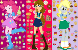 Size: 1332x850 | Tagged: safe, artist:catdragon4, derpy hooves, pinkie pie, oc, oc:sweet melody, equestria girls, g4, balloon, boots, bracelet, clothes, cookie, cupcake, cute, denim skirt, eyes closed, flip-flops, food, high heel boots, jewelry, looking at you, muffin, necktie, raised leg, sandals, skirt, socks
