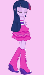 Size: 1001x1674 | Tagged: safe, screencap, twilight sparkle, equestria girls, g4, my little pony equestria girls, bare shoulders, boots, eyes closed, fall formal outfits, high heel boots, pink background, raised leg, simple background, sleeveless, smiling, sparkles, strapless, this is our big night, twilight ball dress