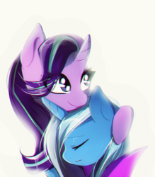 Size: 438x500 | Tagged: safe, artist:skyeypony, starlight glimmer, trixie, pony, unicorn, g4, curved horn, eyes closed, female, horn, hug, lesbian, mare, ship:startrix, shipping, simple background, smiling, white background