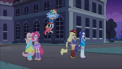 Size: 1024x576 | Tagged: safe, screencap, applejack, fluttershy, pinkie pie, rainbow dash, rarity, equestria girls, g4, my little pony equestria girls, boots, bracelet, canterlot high, cowboy boots, cowboy hat, fall formal outfits, female, hat, high heel boots, humane five, jewelry, ponied up, pony ears, ponytail, top hat, tree, wings