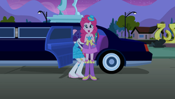 Size: 1024x576 | Tagged: safe, screencap, pinkie pie, rarity, equestria girls, g4, my little pony equestria girls, balloon, boots, bracelet, cute, fall formal outfits, hat, high heel boots, jewelry, limousine, mountain, open mouth, statue, streetlight, top hat