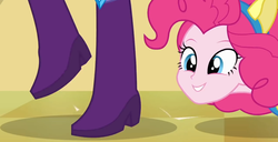 Size: 1366x698 | Tagged: safe, screencap, pinkie pie, rarity, equestria girls, g4, my little pony equestria girls, boots, cute, fake ears, helping twilight win the crown, high heel boots, legs, pictures of legs, pony ears, raised leg, stomping