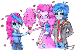 Size: 500x333 | Tagged: safe, artist:lovelygirlmusicer, pinkie pie, thunderbass, oc, equestria girls, g4, clothes, cotton candy, cute, family, female, food, male, pinkiebass, shipping, skirt, straight, traditional art