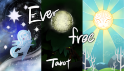 Size: 2894x1667 | Tagged: safe, artist:gashiboka, oc, oc only, oc:snowdrop, pegasus, pony, timber wolf, everfree tarot, female, filly, moon, stars, sun, tarot, the star, the sun, tree