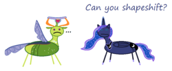 Size: 788x327 | Tagged: safe, artist:watermelon changeling, derpibooru exclusive, princess luna, thorax, alicorn, changedling, changeling, pony, celestial advice, g4, ..., 1000 hours in ms paint, :c, :|, equestrian pink heart of courage, frown, king thorax, magic, ms paint, simple background, spread wings, stick figure, white background, wings