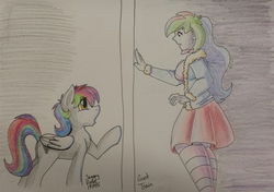 Size: 1233x870 | Tagged: safe, artist:sugaryviolet, oc, oc only, pony, equestria girls, g4, collaboration, commission, self ponidox, traditional art