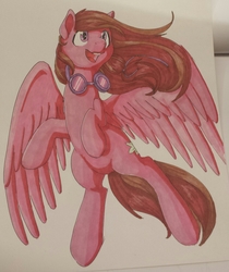 Size: 1055x1256 | Tagged: safe, artist:sugaryviolet, oc, oc only, pegasus, pony, collaboration, commission, flying, goggles, open mouth, solo, traditional art, windswept mane