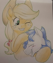 Size: 1069x1281 | Tagged: safe, artist:sugaryviolet, applejack, oc, pony, g4, collaboration, commission, eyes closed, noogie, one eye closed, smiling, traditional art