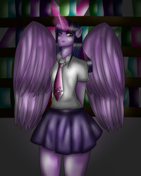 Size: 1024x1280 | Tagged: safe, artist:ajart245, twilight sparkle, alicorn, anthro, g4, book, bookshelf, clothes, female, magic, necktie, skirt, solo, twilight sparkle (alicorn)