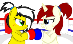 Size: 1280x765 | Tagged: artist needed, safe, oc, oc only, oc:silver draw, oc:uppercute, earth pony, pony, unicorn, bipedal, boxing gloves, boxing ring, freckles, show accurate