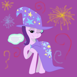 Size: 1280x1280 | Tagged: safe, artist:flunggy, starlight glimmer, pony, unicorn, g4, accessory swap, cape, clothes, cup, female, hat, one eye closed, smiling, solo, teacup, the great and powerful, trixie's cape, trixie's hat, wink