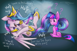 Size: 3000x2000 | Tagged: safe, artist:ferasor, princess celestia, twilight sparkle, alicorn, pony, celestial advice, g4, crown, duo, female, high res, jewelry, laughing, mare, regalia, twilight sparkle (alicorn)