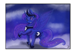 Size: 5016x3541 | Tagged: safe, artist:dinodraketakethecake, princess luna, alicorn, pony, g4, absurd resolution, butt, cloud, dock, female, flying, looking back, moonbutt, night, plot, raised hoof, smiling, solo