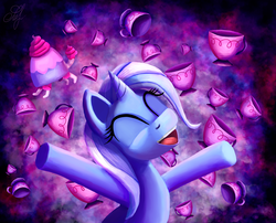 Size: 1100x890 | Tagged: safe, artist:ssoldat, teacup poodle, trixie, pony, unicorn, all bottled up, g4, cup, eyes closed, female, happy, mare, open mouth, smiling, solo, teacup, that pony sure does love teacups