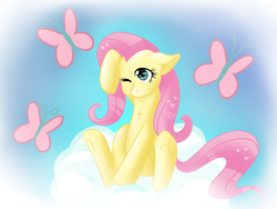 Size: 1600x1200 | Tagged: safe, artist:hebini, fluttershy, butterfly, pegasus, pony, g4, cloud, cute, digital art, floppy ears, one eye closed, raised hoof, sitting