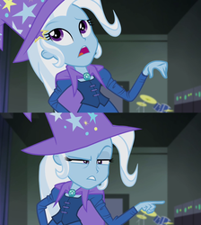 Size: 1280x1426 | Tagged: safe, screencap, trixie, equestria girls, g4, my little pony equestria girls: rainbow rocks, cape, clothes, cymbals, drum kit, drums, fall formal outfits, hat, musical instrument, pointing, trixie's cape, trixie's hat