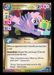 Size: 545x761 | Tagged: safe, enterplay, rainbowshine, pegasus, pony, defenders of equestria, g4, my little pony collectible card game, ccg, female, flying, mare, merchandise, spread wings, wings