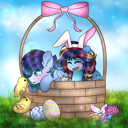 Size: 1024x1024 | Tagged: safe, artist:northlights8, oc, oc only, oc:brisk dawn, oc:tidal breeze, pegasus, pony, basket, bunny ears, chick, duo, easter, female, male, mare, offspring, parent:rainbow dash, parent:soarin', parents:soarindash, pony in a basket, stallion