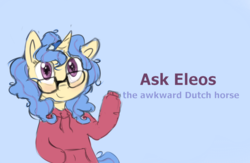 Size: 1537x1000 | Tagged: safe, artist:pucksterv, oc, oc only, oc:eleos, pony, unicorn, clothes, dutch, female, glasses, hoodie, mare, simple background, solo