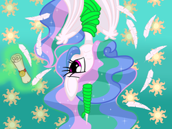 Size: 4128x3096 | Tagged: safe, artist:lovehtf421, princess celestia, alicorn, pony, g4, bondage, cutie mark background, female, high res, mare, scroll, suspended, tied up, upside down