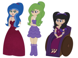 Size: 2074x1537 | Tagged: safe, artist:sketchydesign78, oc, oc only, oc:graceful stroke, oc:melody shine, oc:sketchy design, equestria girls, g4, alternate hairstyle, armband, blushing, bracelet, clothes, cute, dress, ear piercing, earring, friendship, jewelry, necklace, pearl necklace, piercing, ponytail, ponytails, prom, shy, simple background, transparent background, vector, wheelchair