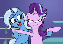 Size: 1280x905 | Tagged: safe, artist:gintoki23, starlight glimmer, trixie, pony, unicorn, all bottled up, g4, angry, belly, bipedal, female, floppy ears, mare, scene interpretation, starlight glimmer is not amused, trixie's puppeteering, unamused