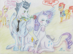 Size: 3257x2409 | Tagged: safe, artist:adan-cricjer, angel bunny, fluttershy, rarity, soarin', spitfire, pony, g4, blushing, crack shipping, dialogue, female, flower, high res, jealous, jealous spitfire, male, rose, shipping, soarity, straight, traditional art