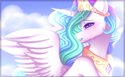 Size: 3584x2212 | Tagged: safe, artist:kurochhi, princess celestia, alicorn, pony, g4, cloud, crown, crying, female, high res, jewelry, looking back, mare, regalia, sky, smiling, solo