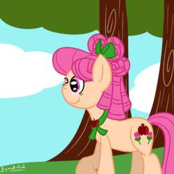 Size: 3000x3000 | Tagged: safe, artist:bigmackintosh, apple rose, earth pony, pony, g4, 30 minute art challenge, apple family, cloud, cutie mark, female, high res, mare, smiling, solo, tree, young apple rose, younger