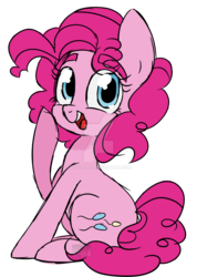 Size: 1024x1435 | Tagged: safe, artist:toodaioo, artist:toods, pinkie pie, g4, cute, deviantart watermark, diapinkes, eye clipping through hair, eyebrows, eyebrows visible through hair, female, obtrusive watermark, open mouth, simple background, sitting, solo, transparent background, watermark