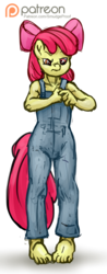 Size: 585x1500 | Tagged: safe, artist:smudge proof, apple bloom, earth pony, anthro, plantigrade anthro, g4, barefoot, feet, female, overalls, patreon, patreon logo, scrunchy face, simple background, sketch, solo, transparent background