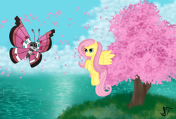 Size: 1600x1080 | Tagged: safe, artist:silversthreads, fluttershy, oc, oc:cherry blossom, pegasus, pony, vivillon, g4, crossover, female, floating, looking at each other, mare, ocean, pokémon, spread wings, wings