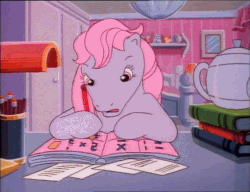 Size: 688x528 | Tagged: safe, screencap, clover (g1), earth pony, pony, g1, my little pony tales, out of luck, angry, animated, cute, dexterous hooves, female, frown, frustrated, gif, glare, homework, hoof hold, madorable, math, open mouth, pencil, solo, talking