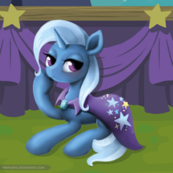 Size: 600x600 | Tagged: safe, artist:piripaints, trixie, pony, unicorn, g4, cape, clothes, female, lidded eyes, looking at you, mare, smiling, solo, trixie's cape