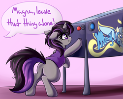 Size: 2629x2122 | Tagged: safe, artist:graphene, oc, oc only, oc:magna-save, pony, unicorn, blank flank, clothes, commission, dialogue, female, filly, high res, pinball, pinball machine, scrunchy face, solo, speech bubble