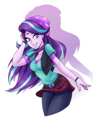 Size: 5100x6600 | Tagged: safe, artist:ambris, starlight glimmer, equestria girls, g4, absurd resolution, beanie, beautiful, bracelet, breasts, cleavage, clothes, colored pupils, cute, female, glimmerbetes, hat, jewelry, leggings, looking at you, plaid, simple background, skirt, smiling, solo, white background