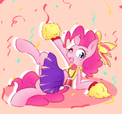 Size: 4335x4063 | Tagged: safe, artist:akainu_pony, pinkie pie, pony, all bottled up, g4, absurd resolution, bow, cheerleader, cheerleader pinkie, clothes, cute, diapinkes, female, midriff, one eye closed, pleated skirt, pom pom, skirt, skirt lift, solo, wink