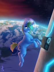 Size: 900x1200 | Tagged: safe, artist:silentwulv, oc, oc only, pony, unicorn, astronaut, floating, green hair, looking at you, male, planet, smiling, solo, space, spaceship, stallion