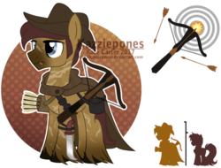Size: 1024x779 | Tagged: safe, artist:kazziepones, oc, oc only, oc:ironheart, earth pony, pony, arrow, cloak, clothes, crossbow, knife, male, reference sheet, simple background, solo, stallion, transparent background, unshorn fetlocks